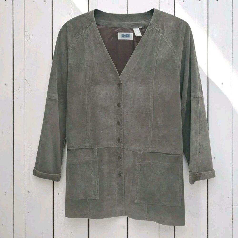Vintage QPS Quality Price Style Suede Leather Jacket Womens M Gray Minimalist
